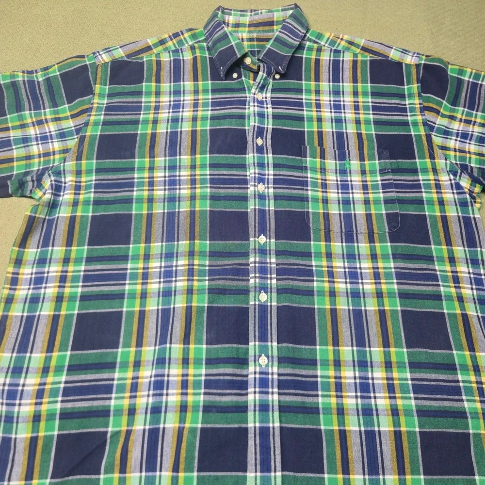 Polo Ralph Lauren Mens Short Sleeve Plaid Button Down Shirt Navy Green Yellow M
